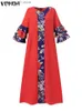 Grundläggande avslappnade klänningar Vonda Bohemian Long Dress Vintage Tryckt Maxi Robe Femme 2023 Fashion Patchwork 3/4 Flare Sleeve Casual Holiday Party Vestidos T231026