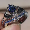 Vecalon Lovers Blue Birthstone claddagh ring 5A Zirkoon Cz Wit goud gevuld Engagement trouwring ring Set voor vrouwen mannen Gift246f