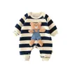 Rompers Carton Bear Baby Romper Boys Boys Girls Belesuits Thecking Lining Babies Clothes Withit Litfant Kids Kids Rompers 231025
