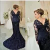 Hot Style Elegant Charming Dark Navy Lace Mermaid Long Sleeve Mother of the Bride Dresses V Neck Full Lace Wedding Party Gowns