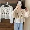 Women's Blouses Ladies Hollow Out Lace Hook Flower Lantern Sleeve Blouse Shirt Tops Knitted Loose Retro Short Pullover Shirts Women Autumn