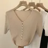 Kvinnors tröjor Pearl Button V Kort ärm Ice Silk Sticked Half Black White Jersey 2023 Sweater Pullover Sueter Tops