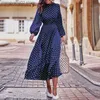 Grundlegende Freizeitkleider Boho Laterne Lange Ärmel Polka Dot Bedrucktes Midikleid Damen Elegant Vintage Stehkragen Split Herbstkleid Robe Femme Kleidung T231026