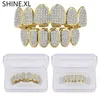 Gold Silver Plated Hip Hop Vampire Teeth Grillz Top and Bottom Iced Out Micro Pave CZ Stone Bling Body Jewelry252w
