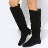 Botas de alta qualidade bota plissada preto nu faux camurça rebanho joelho senhoras plana outono inverno vestido sapato 231025