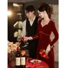 Etniska kläder Bourgogne Bride Toast Clothes Autumn Long Sleeve Velvet Engagement Dress Plus Size Size Elegant Style Cheongsam Wedding Party