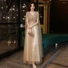 Etnisk kläder Champagne V Neck Tulle Long aftonklänningar Kvinnor Eleganta paljetter Tassel Formell festklänning A-Line Prom Gown Vestido