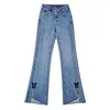 Jeans da donna tinta unita slim fit pantaloni bootcut divisi pantaloni svasati con stampa e tintura di farfalle stile nazionale