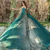 Vert émeraude brillant vestidos de 15 anos robes de Quinceanera cristal perlé doux 16 robe en dentelle avec Cape robe de bal robes de bal