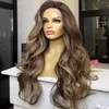 Perruque Lace Frontal Wig synthétique Body Wave brésilienne à reflets bruns, cheveux naturels, 13x4, densité 180, pour femmes blanches