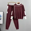 Women's Two Piece Pants Autumn Runway 2 Pieces Set Knitted Long Sleeve Pullovers Sweater Casual Patchwork Fashion Women Tops and Pants Suits Spring 231026