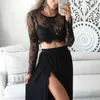 Blouses Femmes Été Femmes Dentelle Chemise Florale Dames Voir à travers Tops Sexy Mesh Noir Transparent Manches Longues