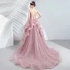 Ethnische Kleidung Rosa Blume Applikationen Qipao Dame Sexy Rückenfrei Cheongsam Mesh Ärmellos Plissee Abend Party Kleid Kleid Pailletten Vestidos