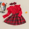 Mädchen Kleider Kleinkind Weihnachten Outfits Rüschen Langarm Plaid Print Kleid Kinder A-Linie mit Stirnband