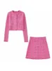 Two Piece Dress Women Fashion Pink Tweed Knitted Full Sleeves Cropped Outerwear ALine High Waist Skirts Office Lady Two Piece Sets 231026