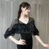 Stage Wear Fada Ruffle Ballroom Dance Tops Mulheres V Neck Pérola Rosa Preto Bodysuit Princesa Roupas Latina Desempenho BL10867