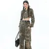 Women's Two Piece Pants Insozkdg One-piece Suits Homemade Camouflage Washed Distressed American Short Denim Jacket Ripped Suit Harajuku