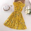 Abiti per ragazza 2023 Arrivo estivo Ragazze Senza maniche Volant Stampa floreale Giallo Roupa Infantil Menina Carino Abito Cheongsam Custume 18M-7T