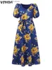 Podstawowe sukienki swobodne Vonda Bohemian Letnia sukienka 2023 Vintage Floral Prinred Short Puff Sleeve Maxi Sundress Women Belted Casual Holiday Long Robe T231026