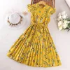 Abiti per ragazza 2023 Arrivo estivo Ragazze Senza maniche Volant Stampa floreale Giallo Roupa Infantil Menina Carino Abito Cheongsam Custume 18M-7T