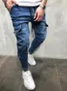 Herren Jeans Schwarz Bleistift Skinny Punk Stil Tasche Reißverschluss Mode Freizeithose Cargohose