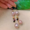 Kolczyki Dangle 10-11 mm Naturalne barokowe różowe perły turmalinowe złoto ucho Hook Mother's Dnia Święto Dziękczynienia