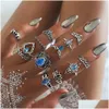 Band Rings Bohemian Retro Sapphire Ring Set Flower Leaves Gem Antique Gold Sier Crystal Crown For Women Gift Party Jewelry Wholesale D Dhxxw