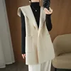 Women's Wool Blends 2023 Autumn Double Sided Woolen Coat VNeck Sleeveless 100 Pure Mid Length Pocket Solid Color Hooded Top 231026