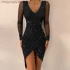 Basic Casual Dresses Ladies V-neck Perspective Long Sleeve Dress Fashion Draped Waist Party Dresses 2023 Elegant Lace Patchwork Slim Irregular Dress T231026