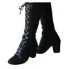 Bottes noires femmes chaussures genou haut décontracté Vintage rétro mi-mollet à lacets talons épais 231026