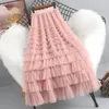 Юбки, сетчатая юбка до половины тела, женская осень-зима 2023, модная многослойная юбка с высокой талией средней длины, женская пряжа Fairy