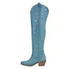 Botas Onlymaker Mulheres Apontou Toe Azul Strass Sobre O Joelho Chunky Heel Moda Handmade Feminino Bling 231025