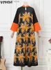 Basic Casual Dresses VONDA Vintage Summer Printed Maxi Dress 2023 Women 3/4 Flare Sleeve Bohemian Long Sundress Casual Stand Collar Oversize Vestidos T231026