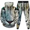 Herrspårar Tiger Mönster 3D Printed Animal Tracksuit Set Casual Hoodie and Pants 2st Overized Sweatshirt Fashion Men Clothing