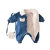 Rompers Winter Baby Clothes Lamb Wool Denim Kids Jumpsuit for Boys Girls Patchwork Long-Sleeved Toddler Infant Romper with Bags 231025