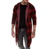 Suéteres masculinos casaco longo homens trench cardigan capa fina com capuz de malha xadrez jaqueta moda steampunk