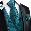 Men's Vests Hi-Tie Teal Green Floral Paisley Silk Men Slim Waistcoat Necktie Set For Suit Dress Wedding 4PCS Vest Hanky Cuffl2721