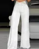 Spodnie damskie Kobiety nakładają się na talię teksturowane rozkloszowane 2023 Wiosna jesienna wysoka długie legi kwalifikacja swobodne solidne białe ubrania