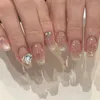 False Nails 24pcs Detachable Hollow Out Star Shiny Pink Fake With Glue Short Gradient Diamond Ful Cover Press On Nail