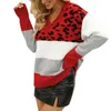 Suéter feminino feminino colorblock decote em V manga comprida pulôver leopardo suéter de malha