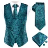 Men's Vests Hi-Tie Teal Green Floral Paisley Silk Men Slim Waistcoat Necktie Set For Suit Dress Wedding 4PCS Vest Hanky Cuffl2721