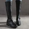 Botas mulheres reta vintage couro longo cavaleiro bota salto quadrado joelho fivela alta zíper estilo britânico inverno sapatos femininos 231025