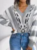 Women's Sweaters Womens Clothing Tops Female Knitted Sweater Pullover Winter Leopard V-Neck Loose Vintage Long Sleeve Korean Streetwear