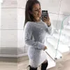 Lässige Kleider CINESSD Frauen Plüsch Figurbetontes Kleid Rundhals Langarm Grau Herbst Winter Mantel Büro Dame Solid Midi Pullovers353z