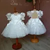 Vestidos de niña Princesa blanca Cuello redondo Manga corta Vestido de novia de tul suave para niñas Apliques Sin espalda Rebordear Vestido de fiesta de cumpleaños Navidad