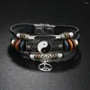 Bedelarmbanden Zwarte armband voor mannen Vintage geweven Tai Chi Bagua roestvrij staal lederen meerlaagse kralen sieraden