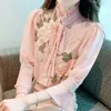 Women's Blouses Flower Embroidery Diamonds Stand Neck Bow Chiffon Pink Shirt Blouse Women 2023 Autumn Fashion Elegant Sweet Lace Up Top