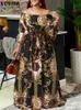 Podstawowe sukienki swobodne Vonda Women Printed Party Sukienka 2023 Seksowne na ramię długi latarnia rękaw Bohemian Sundress Belted Vintage Maxi Robe Oversizezed T231026