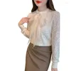 Women's Blouses Spring Autum Winter Skinny Bow Lace Hollow Out Shirt Long-sleeved O-neck Undershirt Women Solid Color Blouse Tops 120E