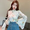 Bluzki damskie koreańskie kwiatowy nadruk szyfonowa krótka bluzka elegancka kobiety długie rękawie Split Slim Fit Shirty